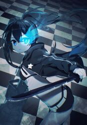 Rule 34 | 1girl, absurdres, arm cannon, belt, bikini, bikini top only, black bikini, black hair, black jacket, black rock shooter, black rock shooter (character), black rock shooter (character) (cosplay), black shorts, blue eyes, breasts, checkered floor, commentary, cosplay, cowboy shot, double-parted bangs, flaming eye, from side, front-tie top, glowing, glowing eye, hair between eyes, hatsune miku, highres, holding, holding cannon, holding sword, holding weapon, hood, hood down, hooded jacket, jacket, long hair, looking at viewer, looking to the side, midriff, no shirt, open clothes, open jacket, pale skin, parted lips, rock cannon, scar, short shorts, shorts, small breasts, solo, star (symbol), star print, swimsuit, sword, tsuchinoko (tutituti0125), twintails, uneven twintails, vocaloid, weapon, white belt