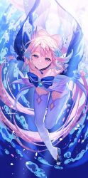 Rule 34 | air bubble, artist name, bare shoulders, bubble, gem, genshin impact, gloves, highres, kasaaaaka, light particles, light smile, long hair, looking at viewer, multicolored eyes, multicolored hair, non-web source, pink hair, ribbon, sandals, sangonomiya kokomi, thighhighs, underwater, white gloves