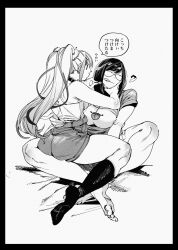 2girls :p applying_another&#039;s_makeup applying_makeup ass black_border border breasts charuko_(hachinuki_tetsuyo) full_body greyscale gyaru hachinuki_tetsuyo highres jimiko jitome kogal large_breasts large_feet mob_face moire monochrome multiple_girls original round_eyewear she_(hachinuki_tetsuyo) simple_background sitting sitting_on_lap sitting_on_person swept_bangs tongue tongue_out twintails white_background yuri |_|