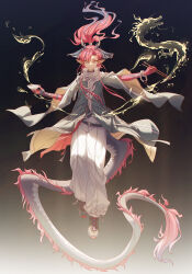 1boy absurdres arknights beads black_hair chopsticks closed_mouth colored_extremities commentary dragon eastern_dragon floating floating_hair full_body grey_eyes hair_between_eyes hair_intakes highres holding holding_chopsticks innoarukugyou light_particles long_hair magic male_focus multicolored_hair pants pink_hair pointy_ears smile solo sparkle streaked_hair symbol-only_commentary tassel white_pants yu_(arknights)