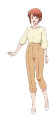 1girl :d anime_coloring arm_at_side brown_pants capri_pants collarbone high_heels kono_kaisha_ni_suki_na_hito_ga_imasu looking_at_viewer mitsuya_yui no_socks official_art open_mouth orange_eyes pants red_hair shirt shirt_tucked_in shoes short_hair smile solo standing swept_bangs three-quarter_sleeves transparent_background watch white_shoes wristwatch yellow_shirt