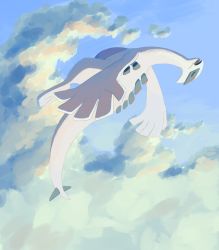 cloud commentary creatures_(company) day closed_eyes flying from_side game_freak gen_2_pokemon highres legendary_pokemon lugia nintendo no_humans open_mouth outdoors pokemon pokemon_(creature) sky solo torinoko_(miiko_draw)