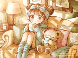 1girl blue_eyes blue_hairband blue_scarf blush brown_hair couch country_lolita cup cushion desk_lamp drinking hair_ornament hairband holding holding_cup indoors lamp lolita_fashion long_hair original painting_(object) sakano_machi scarf sentient_stuffed_toy smile stuffed_animal stuffed_toy teddy_bear watermark watermark_grid