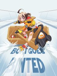 1girl absurdres ahoge akira_slide bandaid bandaid_on_knee bandaid_on_leg black_shorts boat boat_goes_binted brown_hair clenched_teeth commentary english_commentary english_text full_body gigi_murin gigi_murin_(1st_costume) gloves grem_(gigi_murin) grin highres hololive hololive_english hood looking_at_viewer minecraft motion_lines multicolored_hair orange_hood orange_shrug pink_eyes short_hair shorts smile solo tail teeth twintails two-tone_hair varliet virtual_youtuber watercraft
