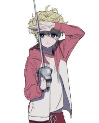 1girl bad_id bad_twitter_id blonde_hair cheongju_cheese closed_mouth cowboy_shot earrings fencing foil_(fencing) holding hood hooded_jacket jacket jewelry looking_at_viewer purple_eyes short_hair simple_background solo sugar_sugar_rune track_jacket track_uniform vanilla_mieux white_background