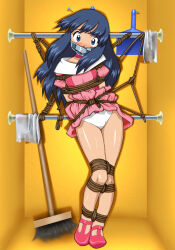 1girl arms_behind_back bdsm blue_eyes blue_hair blush bondage bound bound_arms bound_legs bow bow_panties bowtie broom closet clothes_lift clothes_pull collar creatures_(company) daikinbakuju dawn_(pokemon) dress dress_lift dress_pull dustpan female_focus flat_chest gag gagged game_freak highres improvised_bondage improvised_gag indoors kidnapped looking_at_viewer nervous nervous_sweating nintendo panties peril pink_dress pokemon pokemon_(anime) pokemon_dppt_(anime) puffy_short_sleeves puffy_sleeves cleaning_rag restrained rope scared short_sleeves solo solo_focus sweat sweatdrop tape tape_gag underwear upskirt white_panties