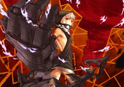 Rule 34 | 1girl, black dress, black rock shooter, dark-skinned female, dark skin, demon tail, deras, dress, flame print, hood, mechanical arms, orange eyes, short hair, solo, strength (black rock shooter), tail, thighhighs, white hair, white thighhighs, zipper pull tab