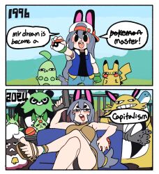 Rule 34 | 1996, 1girl, 2024, 2koma, 6+others, :3, absurdres, age progression, animal ears, ash ketchum, ash ketchum (cosplay), ass, before and after, blush stickers, bongfill, cartoonized, chikorita, comic, cosplay, crossed legs, crossover, english text, gameplay mechanics, gen 1 pokemon, gen 2 pokemon, grey hair, grizzbolt, hat, highres, lamball, lifmunk, mossanda, multiple others, nintendo, open mouth, original, palworld, pikachu, pokemon, pokemon (anime), pokemon (classic anime), relaxaurus, sandals, sitting, smile, speech bubble, tank (bongfill), toes, toon (style)