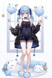 1girl animal_slippers balloon bare_legs black_dress black_jacket black_nightgown blue_eyes blue_hair cat dress full_body hair_ribbon highres holding holding_balloon hololive hoshimachi_suisei jacket nightgown pillow ribbon sa-ya2 slippers solo standing star_(symbol) takoyaki_(hoshimachi_suisei) thighs twintails virtual_youtuber wavy_hair window