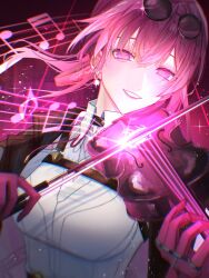 Rule 34 | 1girl, absurdres, black jacket, breasts, commentary request, earrings, eyewear on head, gloves, highres, holding, holding instrument, holding violin, honkai: star rail, honkai (series), instrument, jacket, jewelry, kafka (honkai: star rail), large breasts, medium hair, music, musical note, playing instrument, purple background, purple eyes, purple gloves, purple hair, round eyewear, shirt, smile, solo, upper body, violin, white shirt, yukinoarale re