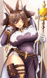 Rule 34 | 1girl, black dress, blue hair, breasts, brown hair, closed eyes, cowboy shot, dress, galleon (granblue fantasy), granblue fantasy, highres, horns, huge breasts, kitayama miuki, long hair, multicolored hair, pointy ears, solo, streaked hair, thighs, two-tone hair