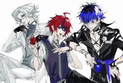 3boys :d ahoge aotsuki_eito binxngchng1 blue_eyes blue_hair collared_shirt eyepatch flower formal_clothes grey_eyes grey_hair highres holding holding_flower invisible_chair looking_at_viewer male_focus multicolored_hair multiple_boys omokage_yugamu open_mouth pectoral_cleavage pectorals red_flower red_hair red_rose roots_(hair) rose shirt simple_background sitting smile streaked_hair suit sumino_takumi the_hundred_line_-last_defense_academy- tongue tongue_out white_background white_shirt white_suit
