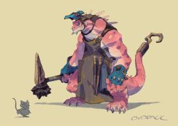1boy apron artist_name black_apron blacksmith blue_eyes blue_gloves claws commentary fewer_digits fingerless_gloves from_side full_body furry furry_male gloves goggles hammer highres holding holding_hammer hook looking_at_viewer male_focus mouse_(animal) murayama_ryota muscular muscular_male original reptile_boy sharp_teeth signature simple_background solo_focus spikes standing tail teeth visor_lift yellow_background