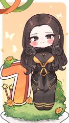 1girl black_bodysuit black_hair blush bodysuit bug butterfly countdown_illustration deformed grass highres insect long_hair looking_at_viewer official_art smile star_(symbol) stellar_blade tachy_(stellar_blade) two-tone_bodysuit