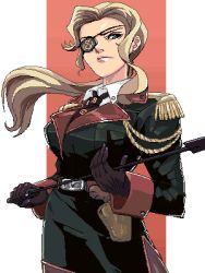 1girl aiguillette blonde_hair eyepatch female_focus holding holding_riding_crop lowres military military_uniform original ponytail punpun riding_crop solo whip