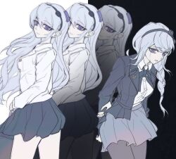 Rule 34 | 2girls, black hairband, black jacket, black ribbon, black skirt, braid, buttons, chinese commentary, closed mouth, collared shirt, commentary request, grey pantyhose, grey skirt, hairband, hand on own arm, highres, jacket, kashimiya karua, kirifuji nozomi, long hair, long sleeves, miniskirt, mole, mole under eye, multiple girls, neck ribbon, pantyhose, pleated skirt, purple eyes, ribbon, shirt, side braid, single braid, skirt, smile, the hundred line -last defense academy-, white hair, white jacket, white shirt, wushui2333