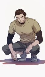1boy beard_stubble brown_hair commentary_request facial_hair full_body hair_bun highres leg_hair looking_at_viewer male_focus meitantei_conan nemaki6_6 shirt simple_background solo squatting stubble t-shirt white_background yamato_kansuke
