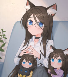 3girls aina_(mao_lian) animal_ear_fluff animal_ears black_choker blue_eyes blush brown_hair cat_ears cat_girl cat_tail child choker commentary couch grey_skirt hair_between_eyes highres hugging_tail indoors long_hair mao_lian_(nekokao) mother_and_daughter multiple_girls on_couch original over-rim_eyewear plant potted_plant semi-rimless_eyewear shirt sitting skirt stuffed_animal stuffed_toy tail upper_body white_shirt