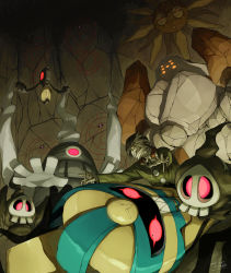 1boy bandaged_hand bandaged_head bandages brandon_(pokemon) buttons cave_interior cofagrigus commentary_request creatures_(company) dusclops duskull game_freak gen_3_pokemon gen_5_pokemon gen_8_pokemon glowing glowing_eyes green_jacket highres jacket legendary_pokemon long_sleeves male_focus mummification mummy nintendo orange_eyes outstretched_arms pink_eyes pokemon pokemon_(creature) pokemon_emerald pokemon_rse regirock runerigus sharp_teeth shigeshiro_hideto solrock spread_fingers teeth yamask