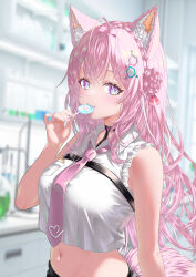 1girl absurdres ahoge animal_ears bare_arms bare_shoulders black_choker blue_eyes blurry braid breasts candy choker collared_shirt crop_top depth_of_field food frilled_shirt frills hair_bun hakui_koyori hakui_koyori_(1st_costume) hand_up highres holding holding_candy holding_food holding_lollipop hololive lollipop long_hair looking_at_viewer medium_breasts midriff nanaki24 navel necktie pink_hair pink_necktie shirt sleeveless sleeveless_shirt solo stomach virtual_youtuber white_shirt wolf_ears