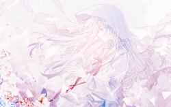 1girl absurdres arcaea blood bow bowtie closed_mouth cowboy_shot floating_hair flower from_side highres hikari_(arcaea) hikari_(zero)_(arcaea) long_hair long_sleeves looking_down maboroshi_(freeze000) own_hands_together profile red_bow red_bowtie sailor_collar school_uniform serafuku shirt skirt solo veil white_eyes white_hair white_sailor_collar white_shirt white_skirt white_veil