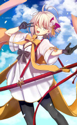 1girl black_bow black_gloves black_pantyhose blonde_hair blue_sky bow breasts brown_bow dress earrings fate/grand_order fate_(series) flower full_body gloves hair_bow hair_flower hair_ornament half-closed_eyes highres holding holding_sword holding_weapon iro_(sekaixiro) jewelry katana long_hair looking_at_viewer okita_souji_(fate) open_mouth outdoors outstretched_hand pantyhose reaching scabbard sheath short_hair sky smile solo spread_fingers standing sword victory_pose weapon white_dress wide_sleeves yellow_eyes
