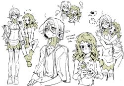 1boy 2girls :p arm_tattoo bags_under_eyes chest_tattoo crop_top crying dungeon_meshi elf fairy_(dungeon_meshi) fleki genderswap genderswap_(mtf) gloves gorget hair_around_ear hair_tubes highres hug leg_tattoo long_hair low_twintails lycion midriff monochrome multiple_girls notched_ear nova_1810 pointy_ears simple_background sketch sleeveless tattoo tongue tongue_out topless_male tunic twintails white_background