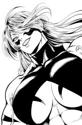 Rule 34 | 1girl, 2025, abs, absurdres, arm tattoo, arms at sides, artist logo, biceps, breast tattoo, breasts, commentary, crop top, dutch angle, english commentary, facial mark, fangs, female focus, floating hair, fuuma kotarou (tenkaichi), greyscale, grin, hair over one eye, half-closed eyes, highres, large breasts, lipstick, logo, long hair, looking at viewer, makeup, monochrome, mostlybluewyatt, muscular, muscular female, serious, simple background, smile, solo, straight hair, tattoo, tenkaichi nihon saikyou bugeisha ketteisen, underboob, upper body, variant set, veins, veiny arms, white background