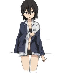Rule 34 | 10s, 1girl, black bra, black hair, black panties, blazer, bra, breast pocket, brown eyes, hair between eyes, inaba himeko, jacket, kokoro connect, midriff, mokkei, navel, no pants, off shoulder, open clothes, open shirt, panties, pocket, school uniform, shirt, underwear
