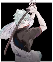 1boy arms_up black_background black_shirt bokken gintama grin hadanugi_dousa holding holding_sword holding_weapon japanese_clothes kimono looking_at_viewer looking_back male_focus open_kimono qyzhiaiyisheng red_eyes sakata_gintoki shirt short_hair short_sleeves simple_background smile solo sword weapon white_hair wooden_sword