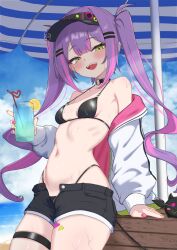1girl :d absurdres adapted_costume bendy_straw breasts commentary_request cup demon_tail drink drinking_glass drinking_straw ear_piercing food fruit green_eyes highres holding holding_cup holding_drink hololive leg_tattoo lemon lemon_slice looking_at_viewer nail_polish navel oldsickkim open_mouth parasol piercing purple_hair small_breasts smile sweat tail tail_ornament tail_piercing tattoo thigh_strap tokoyami_towa tokoyami_towa_(1st_costume) tropical_drink twintails umbrella virtual_youtuber visor_cap