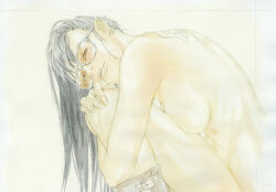 1girl absurdres back_tattoo black_hair boots breasts brown_boots commentary completely_nude earrings english_commentary from_side highres hugging_own_legs incredibly_absurdres jewelry looking_at_viewer medium_breasts multiple_earrings nude orange-tinted_eyewear original painting_(medium) parted_lips sho-u_tajima solo sunglasses tattoo tinted_eyewear traditional_media watercolor_(medium)