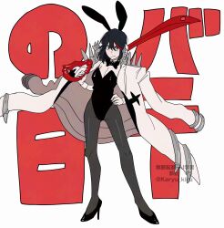 Rule 34 | 1girl, animal ear hairband, animal ears, artist name, black bow, black bowtie, black hair, black leotard, black pantyhose, black shoes, bow, bowtie, breasts, cleavage, detached collar, fake animal ears, frown, full body, hair between eyes, hairband, hand on own hip, high heels, highres, jacket, karyu kiru, kill la kill, leotard, looking at viewer, matoi ryuuko, multicolored hair, pantyhose, playboy bunny, rabbit ear hairband, rabbit ears, red hair, scissor blade (kill la kill), shoes, shoulder spikes, solo, spikes, standing, streaked hair, two-tone hair, white jacket, wrist cuffs