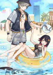 1boy 1girl absurdres afloat akira_ruyu arm_at_side arm_up barefoot beach black_hair blush breasts cardigan closed_mouth clothes_grab colored_inner_hair cup day drink drinking_glass ellen_joe fingernails fins fish fish_tail flying_sweatdrops green_eyes grey_hair hair_ornament hand_to_own_mouth hand_up hat highres holding holding_cup innertube jacket looking_at_another male_swimwear medium_breasts mole mole_on_arm multicolored_hair nail_polish navel official_alternate_costume on_innertube one-piece_swimsuit open_clothes open_jacket outdoors parted_bangs parted_lips raised_inner_eyebrows red_eyes red_hair red_nails sand shark_tail short_hair short_sleeves silhouette standing stomach swim_ring swimsuit tail toes toned toned_male two-tone_hair unzipped wading water wise_(peaceful_waves)_(zenless_zone_zero) wise_(zenless_zone_zero) zenless_zone_zero zipper zipper_pull_tab