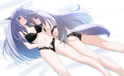 Rule 34 | 2girls, absurdres, ahoge, animal ear fluff, animal ears, ass, bare arms, bare legs, bed, bed sheet, black bra, black panties, blue eyes, blue hair, blush, bra, breasts, cleavage, feet out of frame, fox ears, fox girl, fox tail, grey hair, hair between eyes, highres, kikyo (vrchat), kneepits, lace, lace-trimmed bra, lace-trimmed panties, lace bra, lace panties, lace trim, large breasts, lingerie, long hair, looking at viewer, looking back, lying, medium breasts, multiple girls, navel, on back, on bed, on side, on stomach, open mouth, panties, parted lips, pillow, purple hair, red eyes, smile, stomach, suzuki-shi, tail, underwear, underwear only, very long hair, vrchat, wolf ears, wolf girl, wolf tail, wolferia (vrchat), yuri