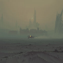 Rule 34 | ashes, building, dilapidated, haze, highres, motor vehicle, no humans, non-web source, outdoors, rock, ruins, science fiction, simon stalenhag, skyscraper, sun, the labyrinth, unconventional vehicle, wheel