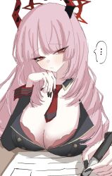 ... 1girl blue_archive bra bra_peek halo highres horns kare_hurin multicolored_horns necktie pink_hair red_bra red_eyes red_halo red_horns red_necktie red_wrist_cuffs satsuki_(blue_archive) solo speech_bubble two-tone_horns underwear upper_body wrist_cuffs yellow_eyes