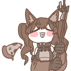 Rule 34 | 1girl, :3, :d, angelina (arknights), arknights, arknights: endfield, azka sage, belt, blush stickers, closed eyes, commentary, english commentary, food, fox, fox girl, gilberta (arknights), gloves, heart, heart in mouth, high belt, holding, holding staff, long hair, long sidelocks, monochrome, mundane utility, open mouth, pizza, sidelocks, smile, solo, spot color, staff, transparent background, twintails
