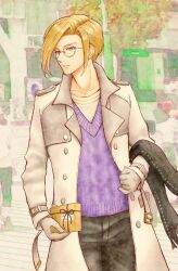 1boy alternate_costume azu_rin_go black_pants black_scarf blonde_hair bokujou_monogatari bokujou_monogatari:_mittsu_no_sato_no_taisetsuna_tomodachi casual coat collarbone contemporary cowboy_shot curtained_hair ford_(bokujou_monogatari) glasses gloves grey-framed_eyewear grey_coat grey_gloves highres long_sleeves male_focus outdoors package pants parted_lips purple_eyes purple_sweater round_eyewear scarf shirt short_hair side_part solo sweater unworn_scarf v-neck watercolor_background white_shirt