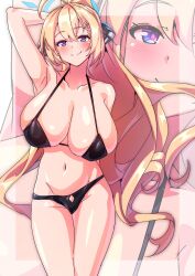 1girl absurdres ahoge akari_(blue_archive) arm_behind_back arm_behind_head armpits bare_shoulders bikini black_bikini black_horns blonde_hair blue_archive blue_eyes blue_halo braid breasts collarbone diamond_cutout hair_between_eyes halo highres horns huge_breasts long_hair looking_at_viewer pink_pupils smile solo swimsuit to_(tototo_tk)