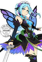 Rule 34 | 1girl, bare shoulders, black thighhighs, blue eyes, blue hair, breasts, bridal gauntlets, bug, butterfly, butterfly wings, closed mouth, detached sleeves, dress, fairy wings, fire emblem, fire emblem fates, fire emblem heroes, flora (fire emblem), flora (resplendent) (fire emblem), flower, hair flower, hair ornament, headdress, holding, holding sword, holding weapon, insect, insect wings, large breasts, long hair, looking at viewer, maid, maid headdress, nintendo, official alternate costume, simple background, smile, solo, sword, thighhighs, twintails, weapon, white background, wings, yukia (firstaid0)