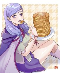 1girl bare_legs boots breasts butter cape fire_emblem fire_emblem:_path_of_radiance food fork green_shirt highres holding holding_fork ilyana_(fire_emblem) kousetu0506 long_hair looking_at_viewer low-tied_long_hair nintendo open_mouth pancake pancake_stack plate purple_cape purple_eyes purple_hair purple_skirt shirt short_sleeves sign skirt solo syrup twintails white_boots white_cape