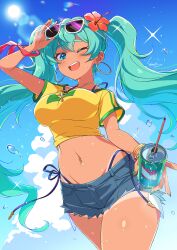1girl ;d aqua_eyes aqua_hair blue_shorts blush brazilian_miku breasts can cloud commentary_request cowboy_shot crop_top cropped_shirt cumulonimbus_cloud day drink_can drinking_straw earrings eyewear_on_head flower hair_flower hair_ornament hatsune_miku highres holding holding_can jewelry kamuraaa_615 large_breasts long_hair looking_at_viewer midriff navel necklace one_eye_closed open_mouth outdoors shirt short_sleeves shorts smile soda_can solo sunglasses tan tanline teeth upper_teeth_only vocaloid yellow_shirt