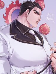 Rule 34 | 1boy, aizen (housamo), bara, black hair, facial mark, forehead mark, forked eyebrows, formal clothes, frown, h 27gm, halo, halo behind head, highres, huge pectorals, looking at viewer, male focus, medium sideburns, muscular, muscular male, necktie, profile, red eyes, serious, short hair, solo, suit, thick eyebrows, thick neck, tokyo houkago summoners, upper body