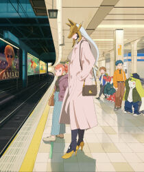 2girls 3boys absurdres alternate_costume black_shirt blue_pants brown_coat brown_hair coat digimon digimon_(creature) digimon_tamers full_body galgomon grey_hair guilmon high_heels high_ponytail highres kubota_keita lee_jianliang lipstick long_hair makeup makino_ruki matsuda_takato medium_hair multiple_boys multiple_girls orange_shirt pants ponytail sakuyamon shirt train_station