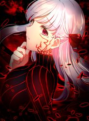 1girl black_dress commentary_request corruption dark_sakura dress fate/stay_night fate_(series) hair_ribbon heaven&#039;s_feel long_hair looking_at_viewer matou_sakura red_background red_eyes red_ribbon ribbon shiitake_taishi solo tears white_hair