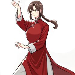 1girl absurdres brown_hair changpao china_dress chinese_clothes dress duel fighting fighting_stance highres kokoro_no_koibito kung_fu long_hair long_sleeves martial_arts monk original red_dress self-upload shaolin_monk tangzhuang training yellow_eyes