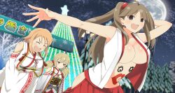3girls :d ahoge armpits bare_shoulders blonde_hair blush breasts brown_eyes brown_hair building christmas city cleavage collarbone double_bun drawn_on_eyes earrings full_moon game_cg hair_between_eyes hair_bun hair_ornament hairclip hakama hakama_skirt hanabi_(senran_kagura) highres japanese_clothes jewelry kafuru_(senran_kagura) lamppost large_breasts laughing long_hair long_sleeves low_twintails medium_breasts mikagura_uniform miko moon multiple_girls navel night night_sky non-web_source official_art open_mouth outdoors purple_eyes red_hakama renka_(senran_kagura) ribbon senran_kagura senran_kagura_estival_versus short_hair skirt sky skyscraper smile star_(sky) starry_sky tears tree twintails wide_sleeves yaegashi_nan