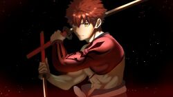 1boy abs dual_wielding emiya_shirou fate/grand_order fate_(series) highres holding holding_sword holding_weapon iamainwork katana male_focus red_hair senji_muramasa_(fate) single_bare_shoulder solo sword toned toned_male weapon yellow_eyes