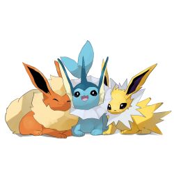 Rule 34 | :3, :d, ^ ^, absurdres, animal focus, closed eyes, closed mouth, fishburi, flareon, gen 1 pokemon, highres, jolteon, looking at viewer, nintendo, no humans, open mouth, pokemon, pokemon (creature), simple background, smile, vaporeon, white background